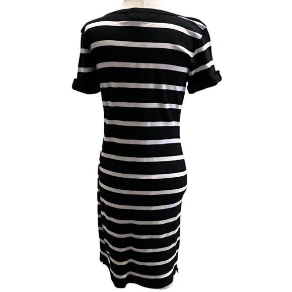 Karen Scott Size Small Elbow Sleeve Casual T Shirt Dress Black White Striped - Picture 4 of 7
